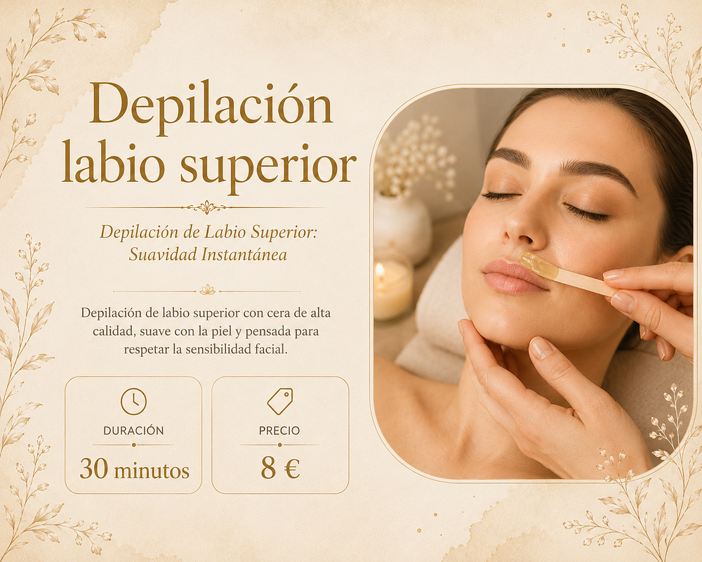 Depilación de labio superior con cera de alta calidad, suave con la piel y pensada para respetar la sensibilidad facial.