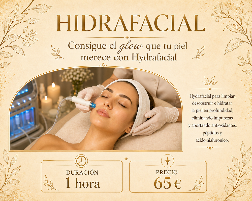 Hydrafacial para limpiar, desobstruir e hidratar la piel en profundidad, eliminando impurezas y aportando antioxidantes, péptidos y ácido hialurónico.