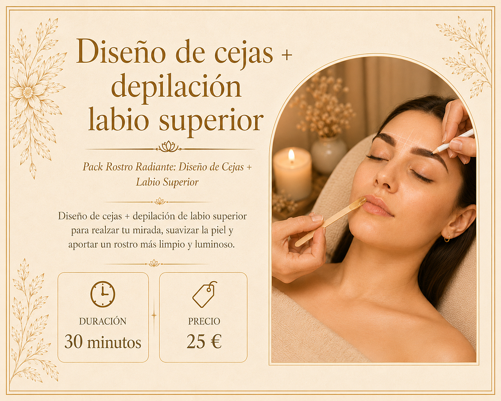 Diseño de cejas + depilación de labio superior para realzar tu mirada, suavizar la piel y aportar un rostro más limpio y luminoso.