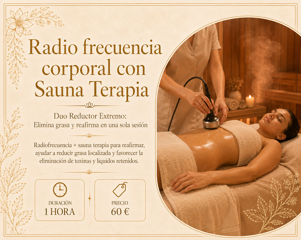 Radiofrecuencia + sauna terapia para reafirmar, ayudar a reducir grasa localizada y favorecer la eliminación de toxinas y líquidos retenidos.
