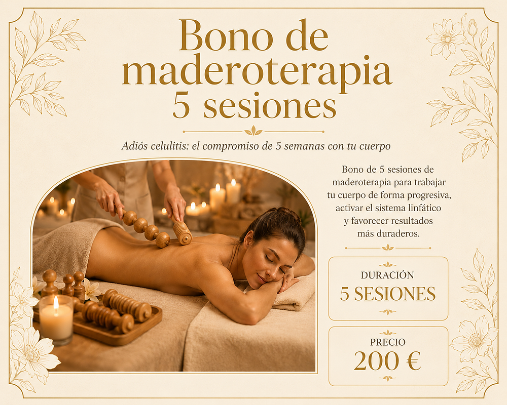 Bono de 5 sesiones de maderoterapia para trabajar tu cuerpo de forma progresiva, activar el sistema linfático y favorecer resultados más duraderos.
