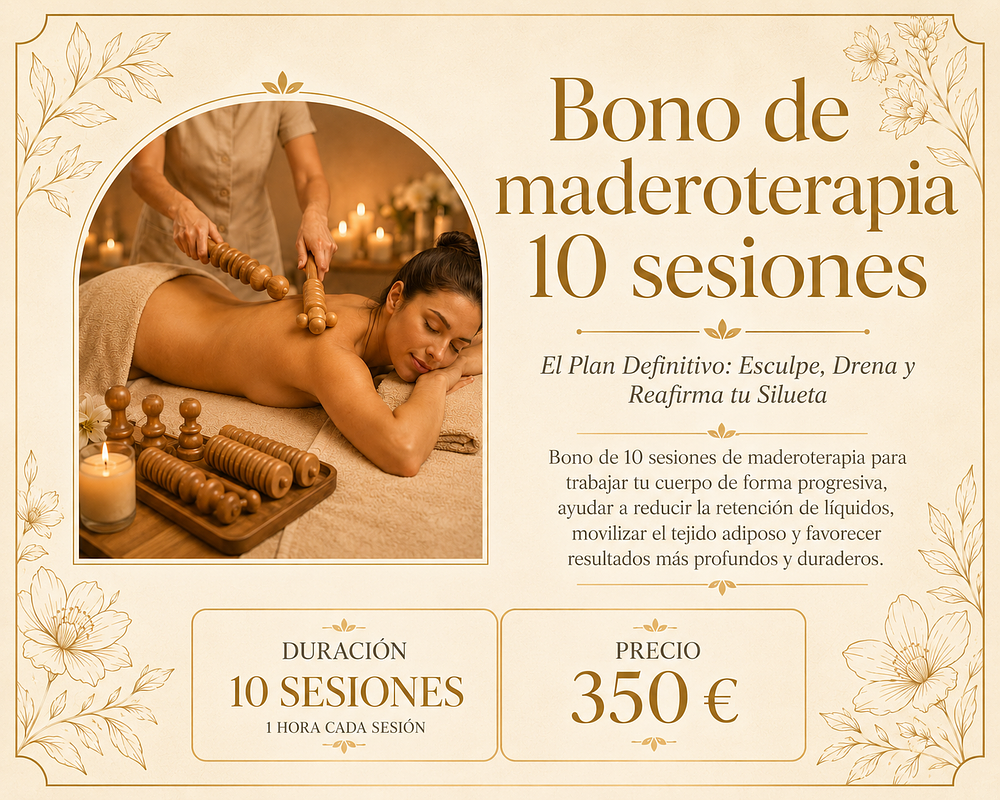 Bono de 10 sesiones de maderoterapia para trabajar tu cuerpo de forma progresiva, ayudar a reducir la retención de líquidos, movilizar el tejido adiposo y favorecer resultados más profundos y duraderos.