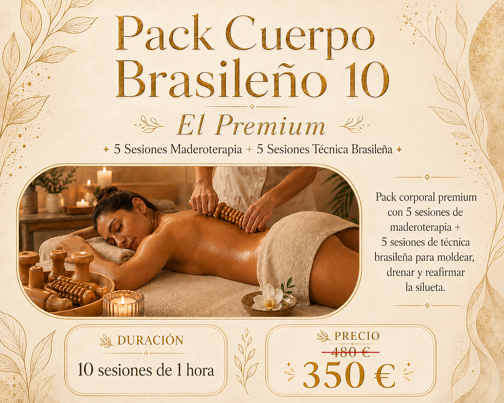 Pack corporal premium con 5 sesiones de maderoterapia + 5 sesiones de técnica brasileña para moldear, drenar y reafirmar la silueta.