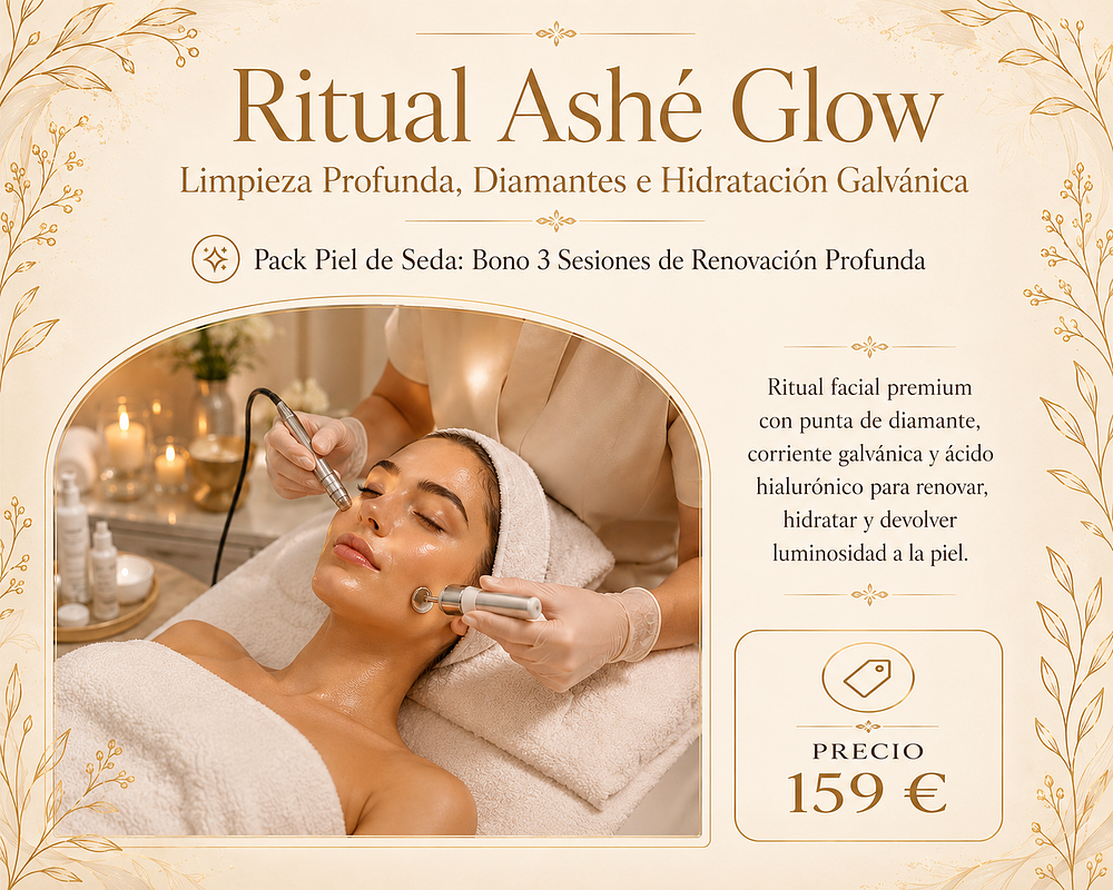 Ritual facial premium con punta de diamante, corriente galvánica y ácido hialurónico para renovar, hidratar y devolver luminosidad a la piel.